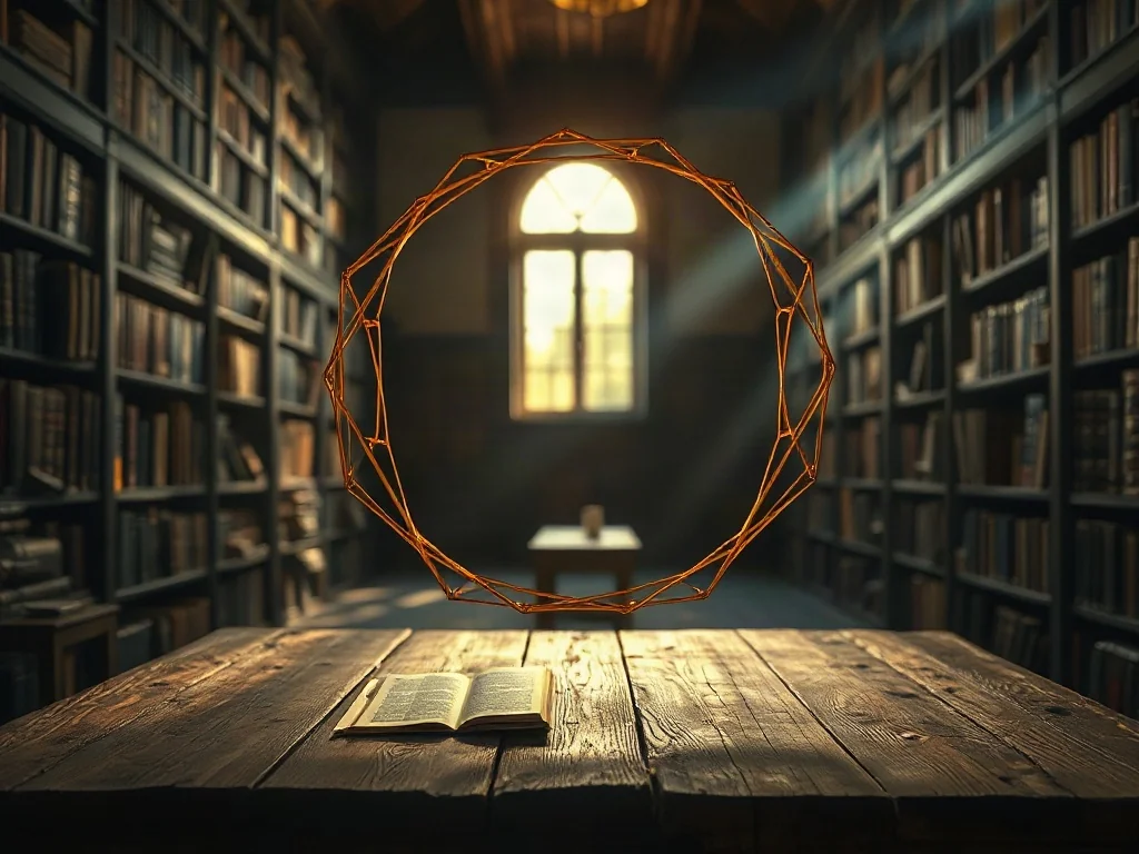 Złota, geometryczna bryła unosząca się nad starym stołem w bibliotece, symbolizująca filozoficzne poszukiwanie prawdy.