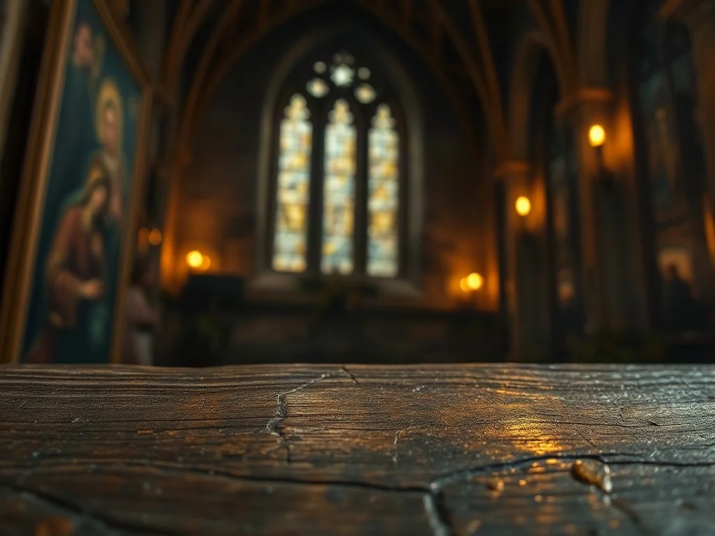 Zbliżenie na średniowieczny obraz religijny ze złoceniami, ukazujące detale spękań farby na drewnianej desce w świetle świec.