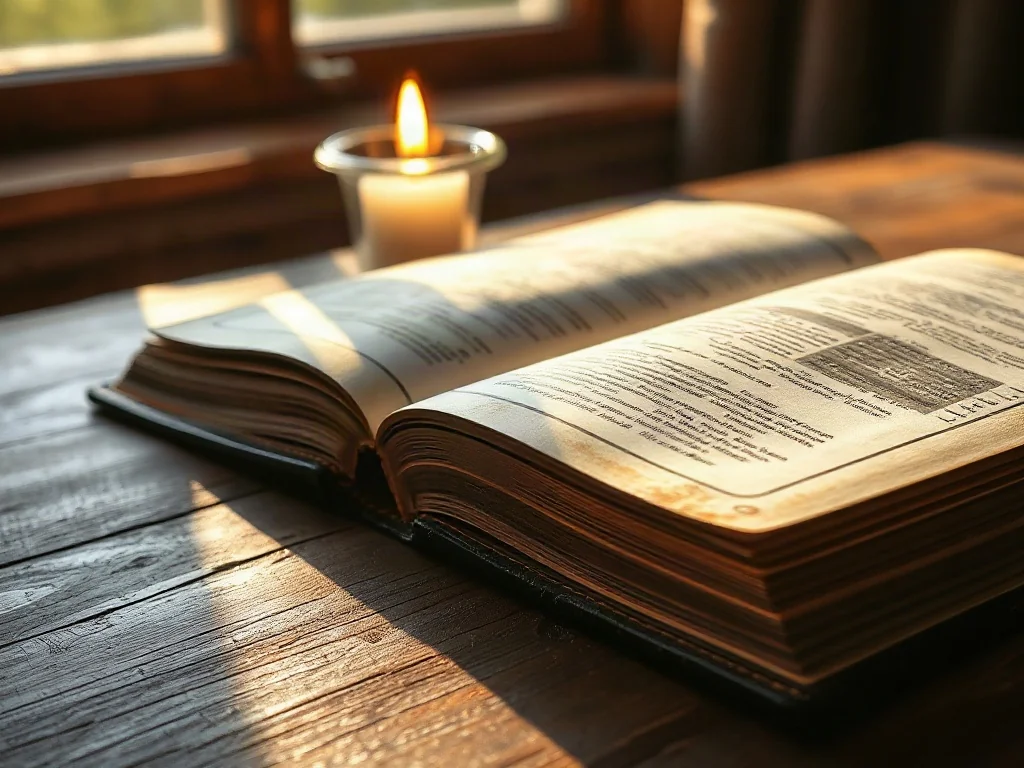 Otwarta Biblia na drewnianym stole w świetle poranka, symbolizująca refleksję nad chrześcijańskimi zasadami etycznymi.