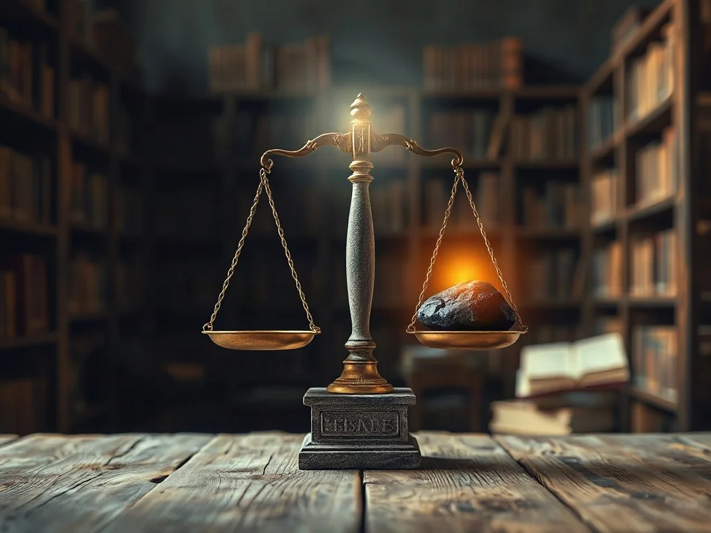 Waga szalkowa z jasnym światłem i ciemnym kamieniem na drewnianym stole, symbolizująca wybór między dobrem a pokusą.