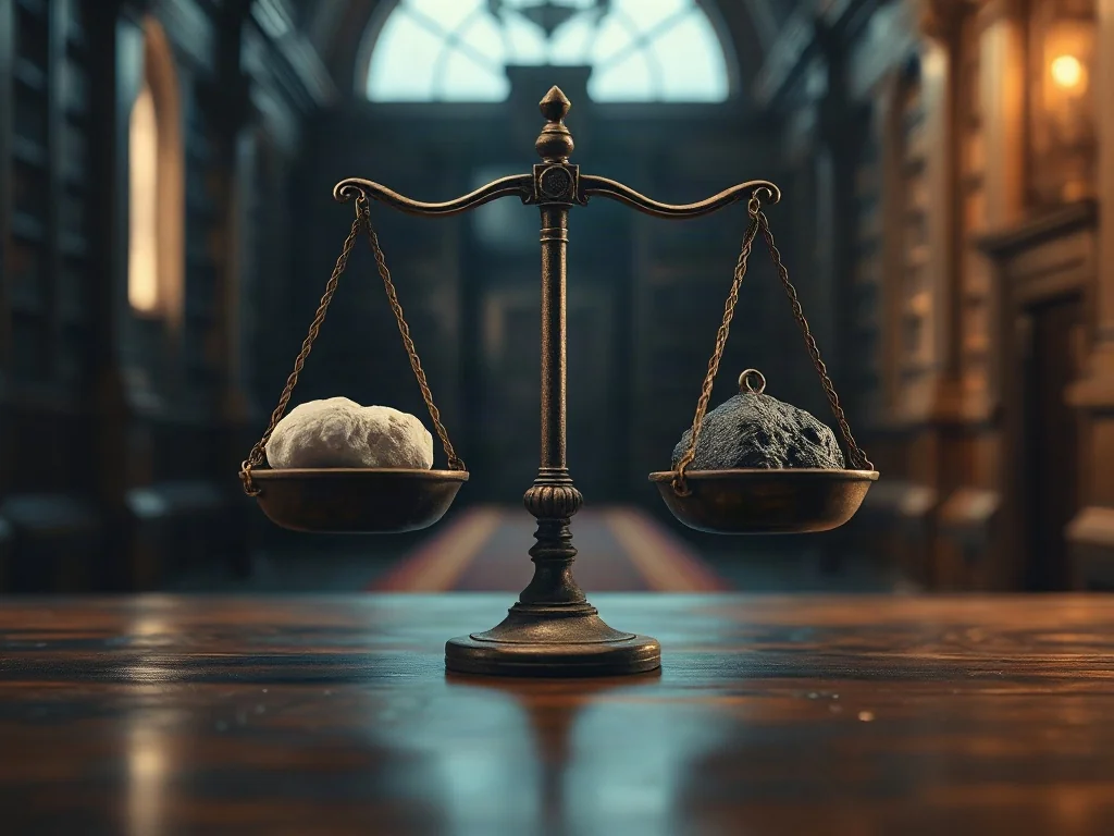 Stare wagi z jasnym kamieniem i ciężkim odważnikiem symbolizujące sprawiedliwość oraz moralny dylemat grzechu i kary.