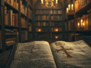 Starodawna księga, okulary i pióro na drewnianym biurku w bibliotece, symbolizujące naukę i historyczne źródła wiedzy.