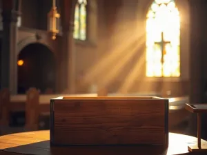 Świetlisty pryzmat na kamiennym ołtarzu w zamglonym lesie, symbolizujący mistyczną podróż ku duchowemu oświeceniu.