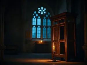 Otwarta, starodawna księga na drewnianym stole w świetle świec, budująca atmosferę skupienia i refleksji nad etyką.