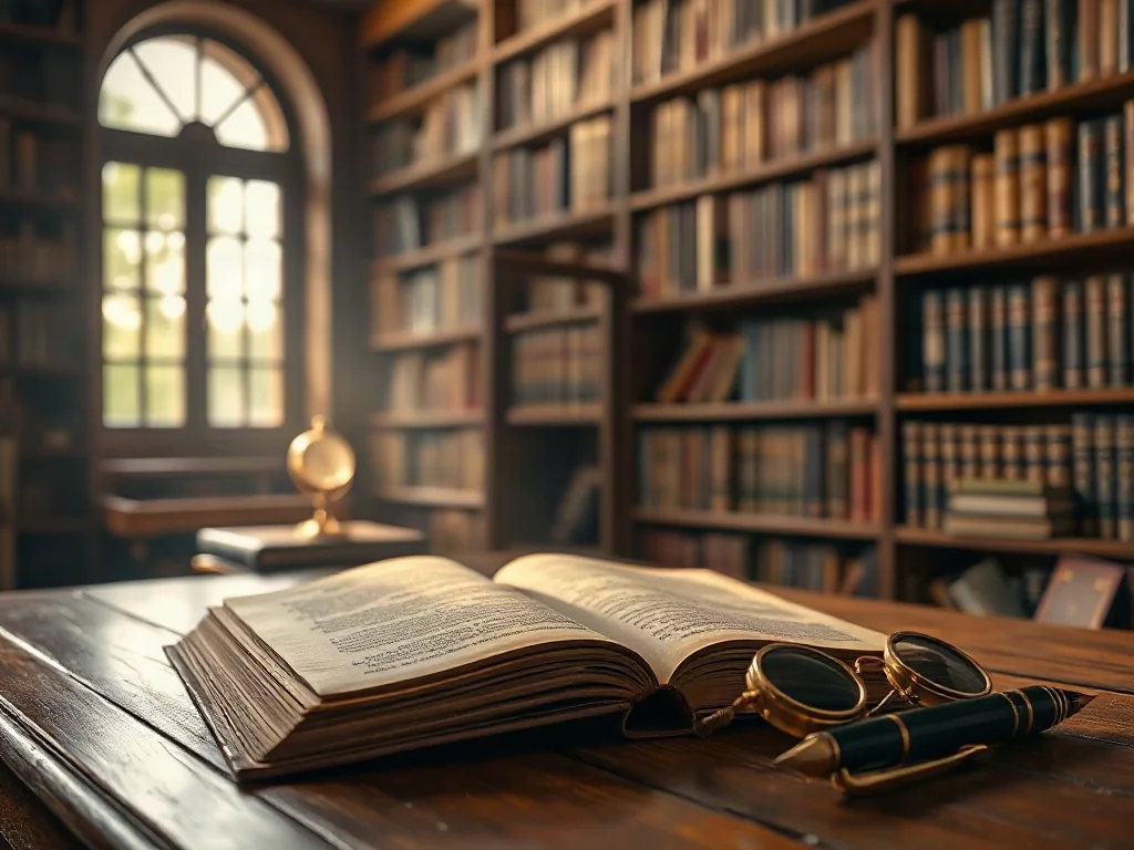 Starodawna księga, okulary i pióro na drewnianym biurku w bibliotece, symbolizujące naukę i historyczne źródła wiedzy.