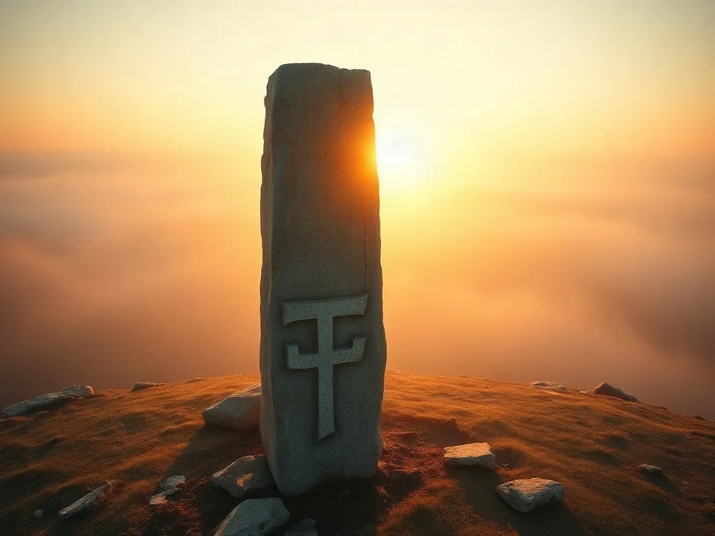 Starożytny kamienny filar z symbolem jedności w mglistym krajobrazie o wschodzie słońca, ilustrujący ideę monizmu.