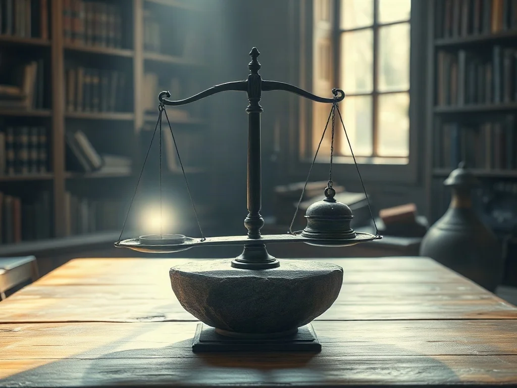 Stara waga na drewnianym stole, symbolizująca zestawienie moralnej prawdy z ciężarem ziemskich dowodów w debacie o istnieniu Boga.