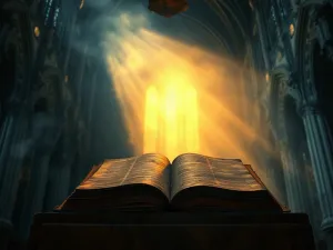 Złote światło bijące z otwartej księgi na kamiennym postumencie, symbolizujące boskie atrybuty w różnych religiach.
