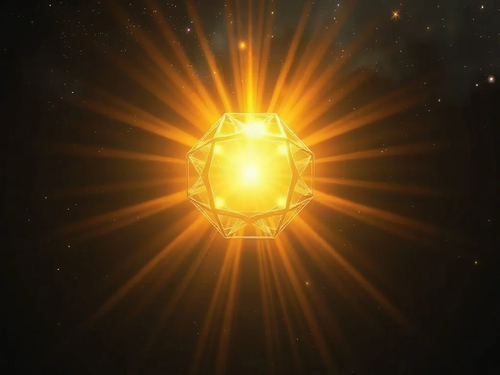 Eteryczna, złota struktura geometryczna unosząca się w kosmicznej pustce, symbolizująca boską esencję i transcendencję.