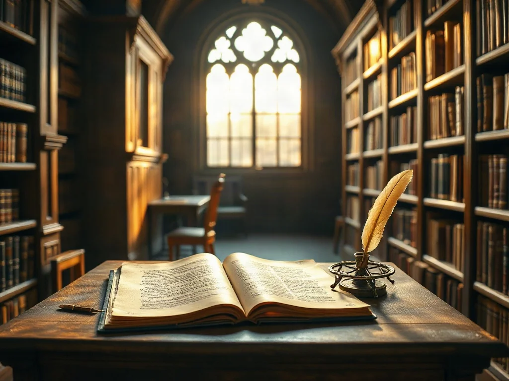 Zabytkowe biurko z rękopisem, astrolabium i piórem w oświetlonej słońcem bibliotece, symbolizujące renesansowy humanizm.