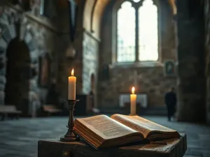 Stara księga na kamiennym postumencie w eterycznym, złotym świetle, symbolizująca tajemnicę mistyki apofatycznej.