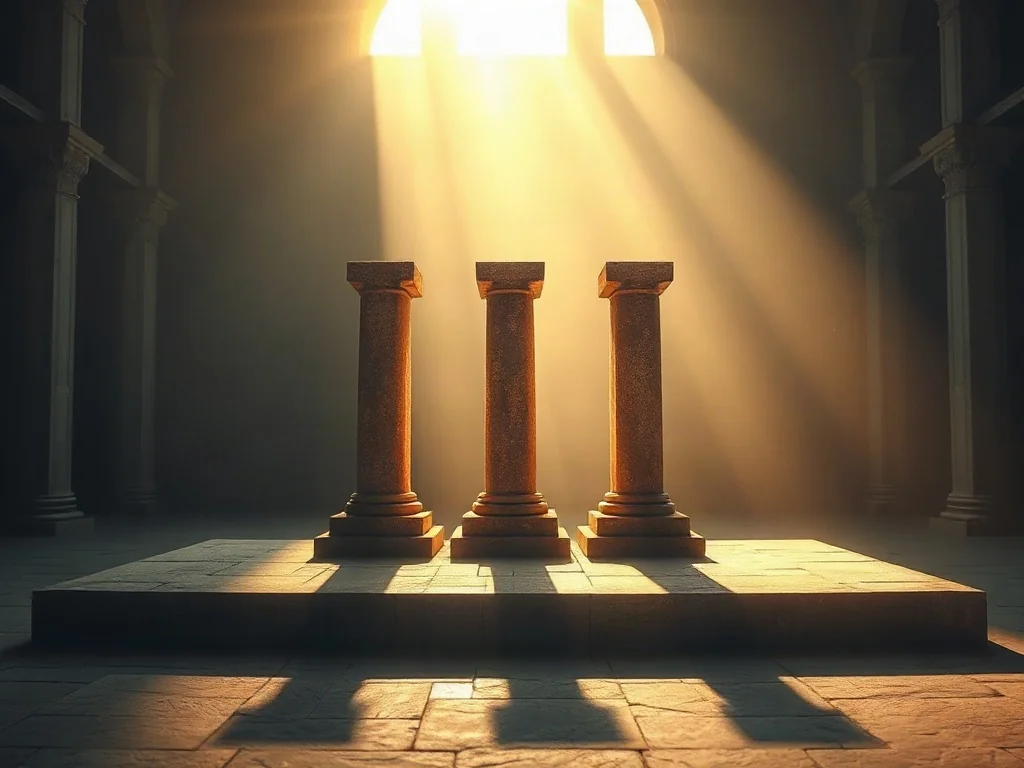 Trzy świecące filary na kamiennym ołtarzu symbolizujące jedność i wspólne fundamenty religii monoteistycznych.