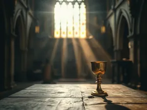 Złote światło przebijające się przez ciemne chmury nad górskim szczytem, symbolizujące moment objawienia i boską jasność.
