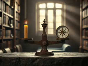 Cztery świecące maski symbolizujące archetypy Junga na kamiennym postumencie w tle mistycznej, kosmicznej biblioteki.