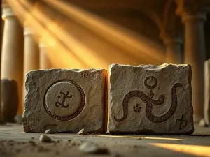 Kamienna waga balansująca między światłem a cieniem na tle wnętrza katedry, symbolizująca dylematy moralne w religii.