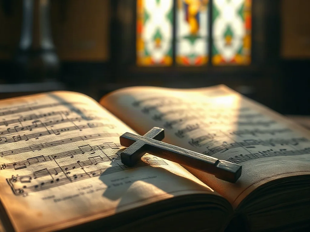 Otwarty, zabytkowy śpiewnik z nutami i drewniany krzyż w świetle witraży, tworzące podniosły, religijny nastrój.