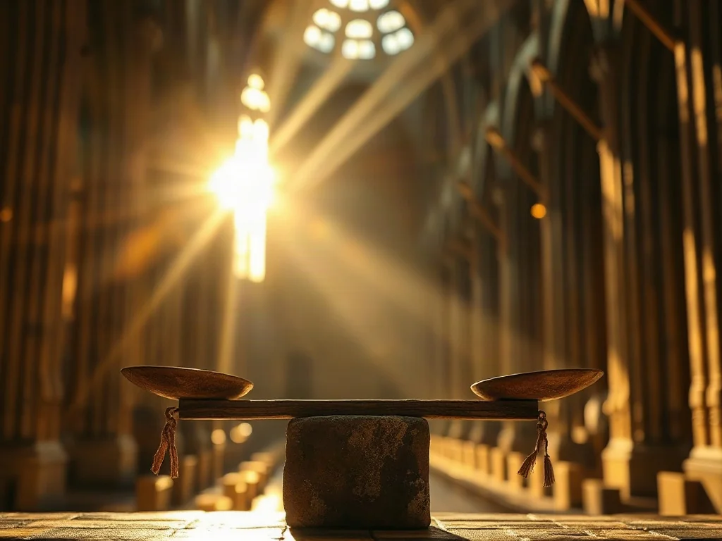 Kamienna waga balansująca między światłem a cieniem na tle wnętrza katedry, symbolizująca dylematy moralne w religii.