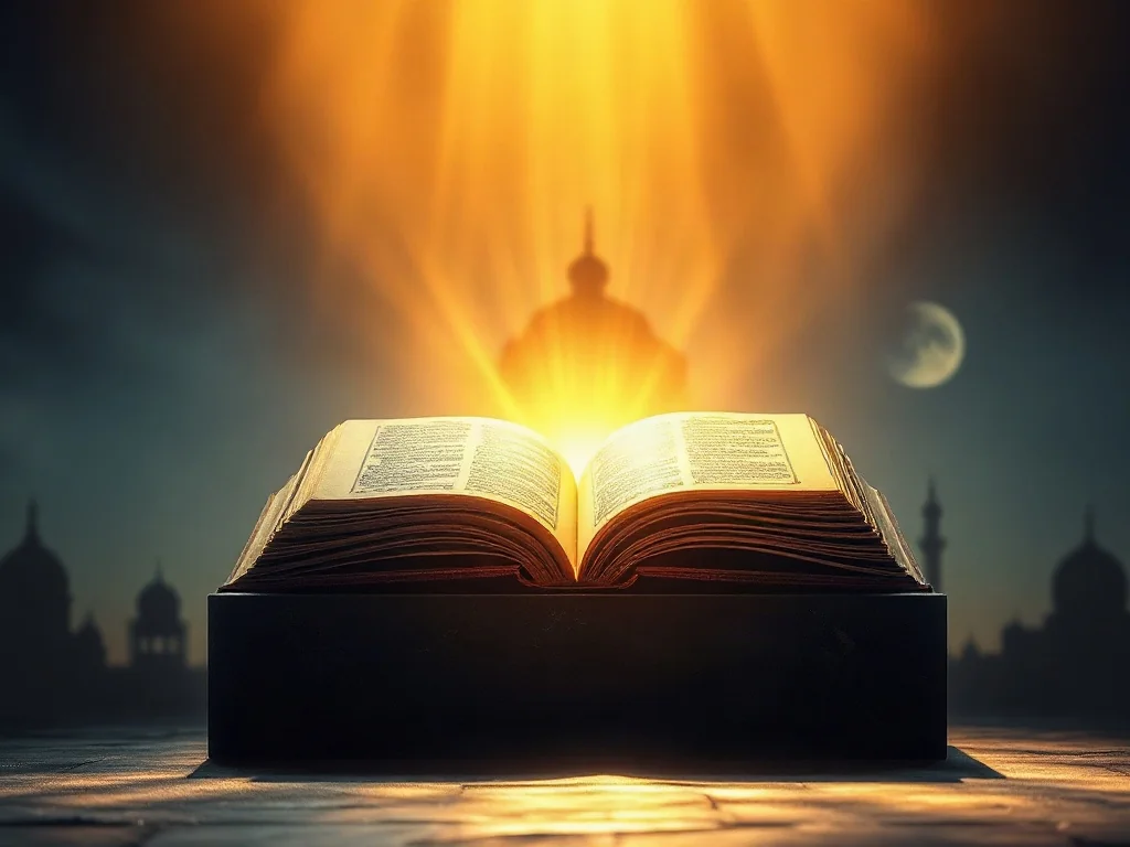 Złote światło bijące z otwartej księgi na kamiennym postumencie, symbolizujące boskie atrybuty w różnych religiach.