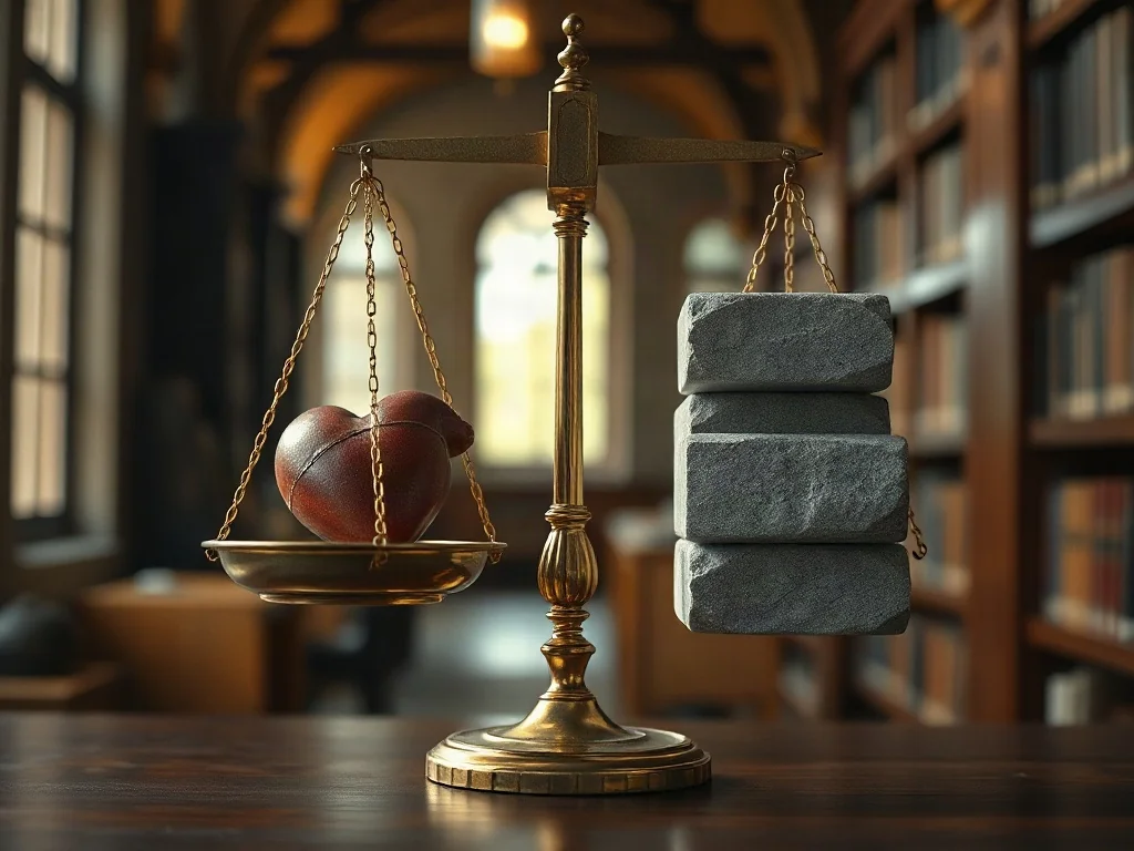 Waga z sercem i kamiennymi tablicami symbolizująca równowagę między cnotami wewnętrznymi a zewnętrznymi obowiązkami.