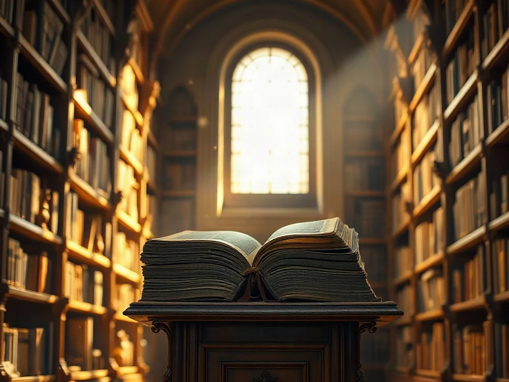 Starodawna księga na drewnianym pulpicie w zabytkowej bibliotece, podkreślająca akademicki i duchowy charakter edukacji.