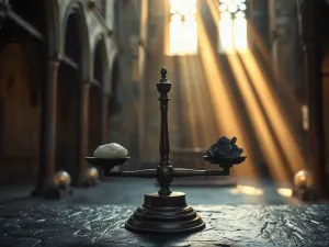 Zabytkowa księga na nowoczesnym szklanym stole na tle rozświetlonego miasta, symbolizująca dialog tradycji z nowoczesnością.