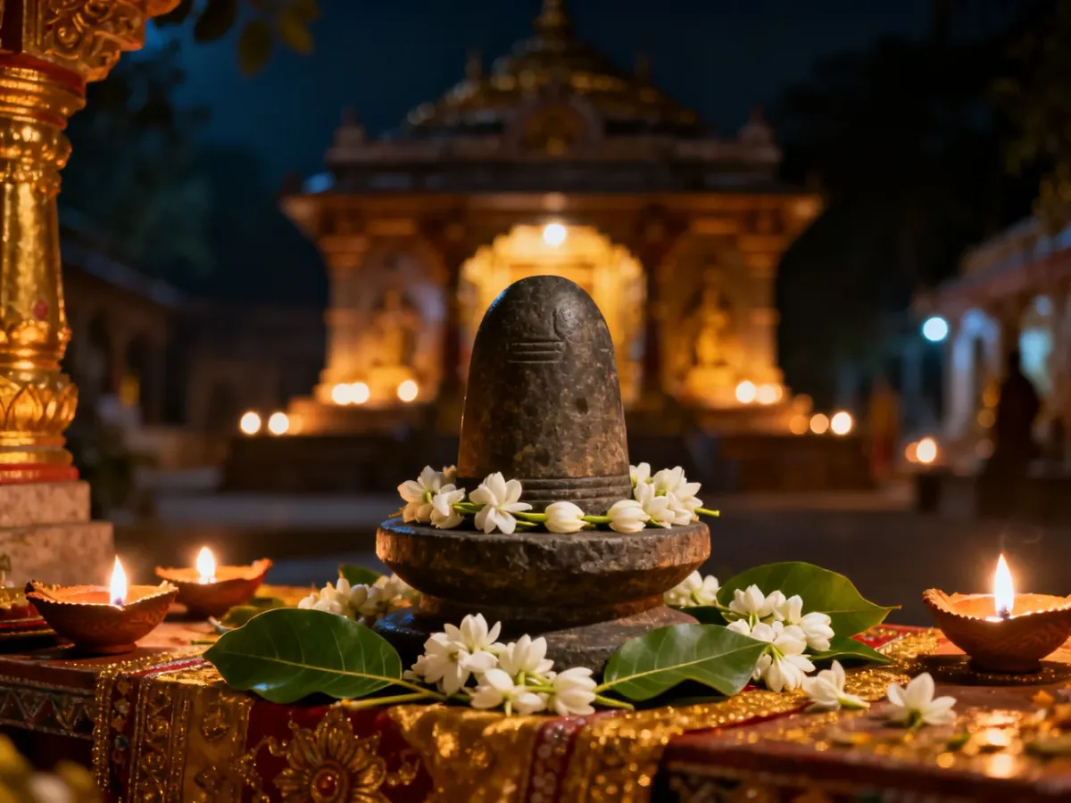 Kamienny lingam Śiwy ozdobiony kwiatami jaśminu i liśćmi bilwa w blasku płonących lamp oliwnych podczas święta Mahasziwratri.