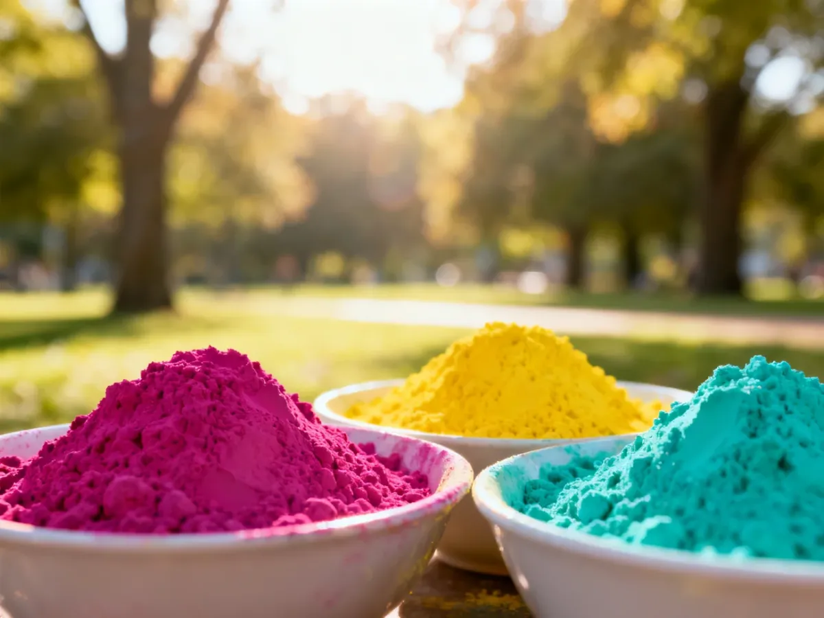 Misy z kolorowymi, bezpiecznymi proszkami do świętowania Holi na tle słonecznego parku.