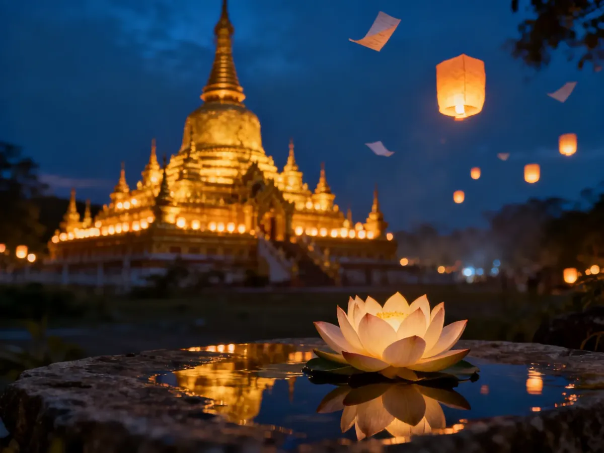 Buddyjska świątynia oświetlona złotymi lampionami oraz kwiat lotosu, symbolizujące duchową atmosferę święta Vesak.