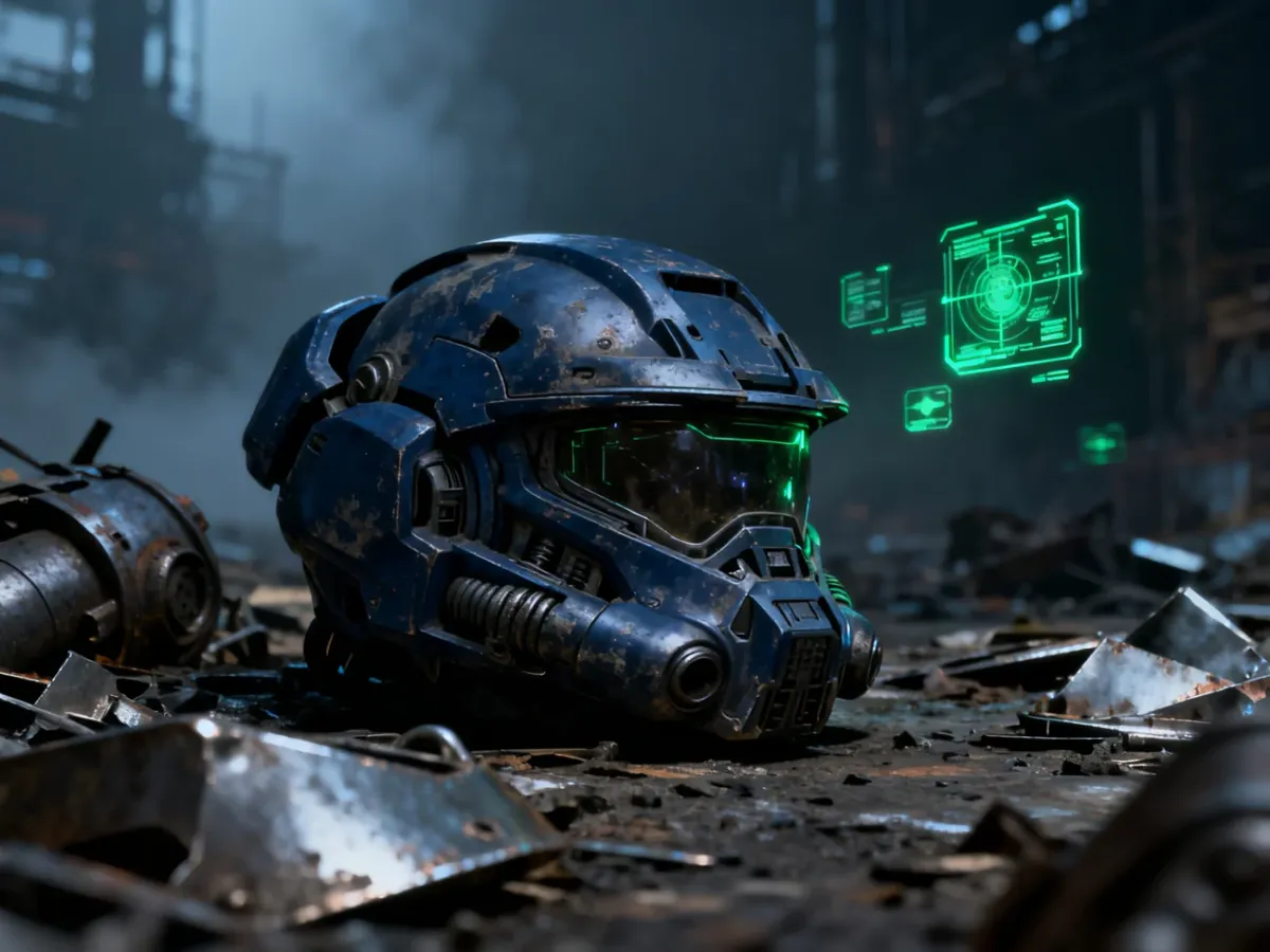 Zniszczony hełm w barwach Alpha Legion na pobojowisku, otoczony hologramami taktycznymi w mrocznym, industrialnym klimacie.