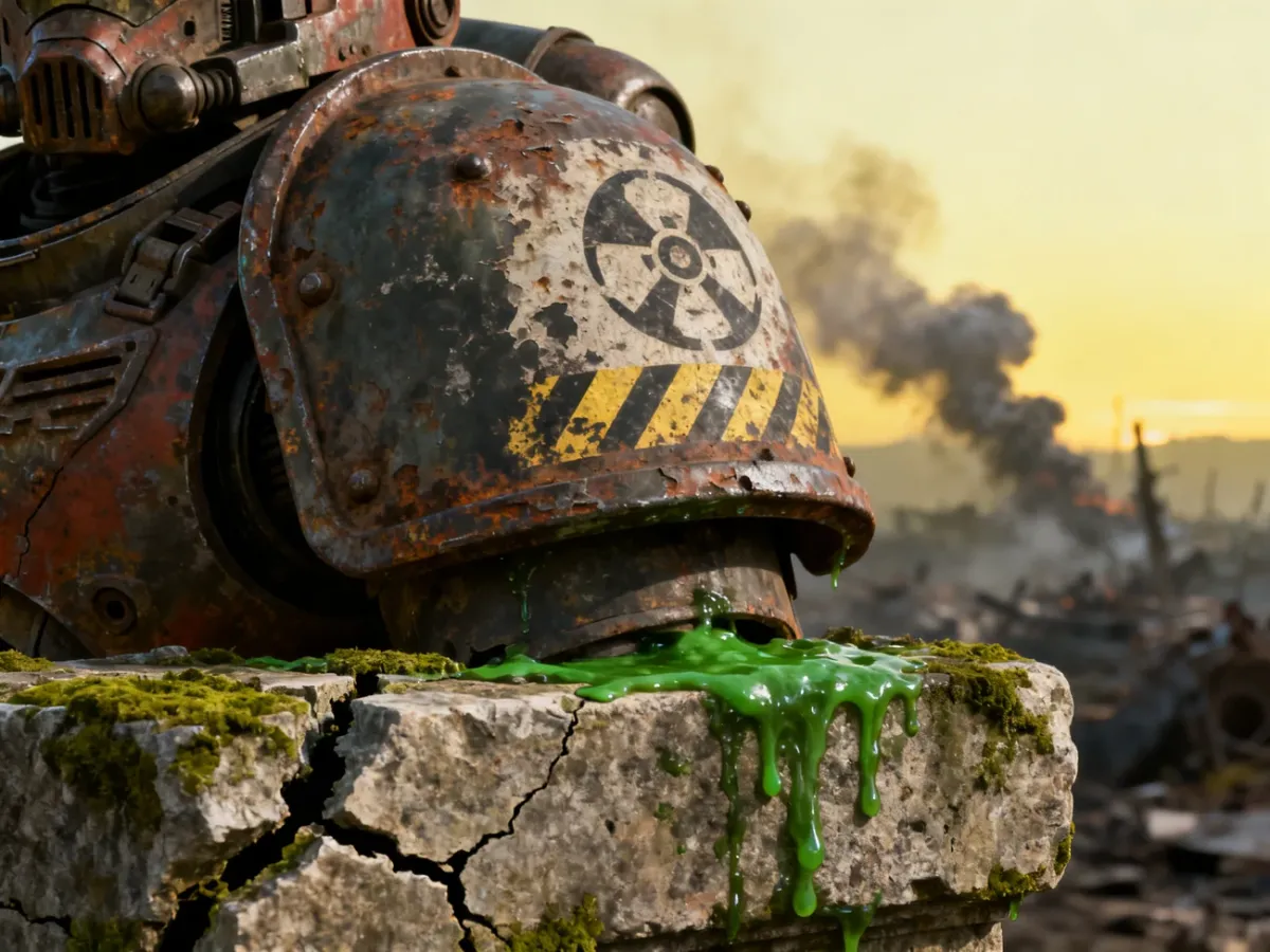 Zardzewiały naramiennik pancerza wspomaganego Death Guard na tle zniszczonego, zamglonego pola bitwy w klimacie grimdark.